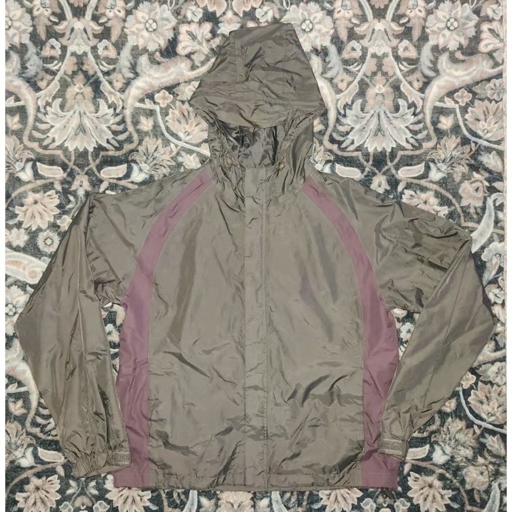 Coleman Womens Windbreaker Jacket Olive Green Purple Hooded Mesh Lined Size S/M